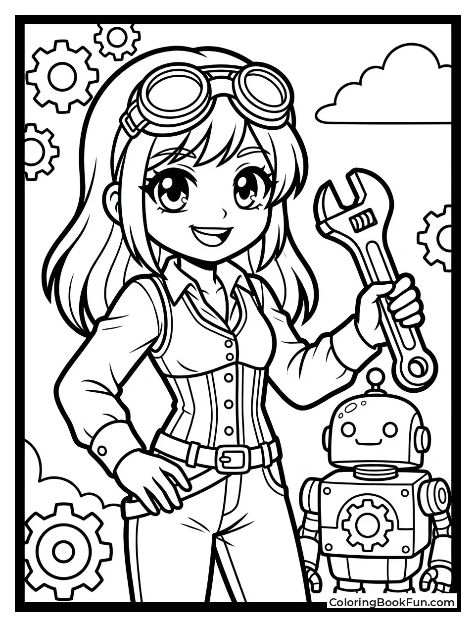 Steampunk Girl Holding Big Wrench