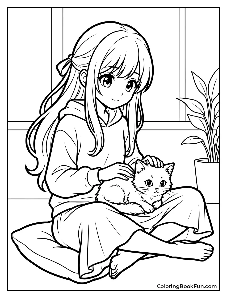 Girl Petting Kitten on Lap