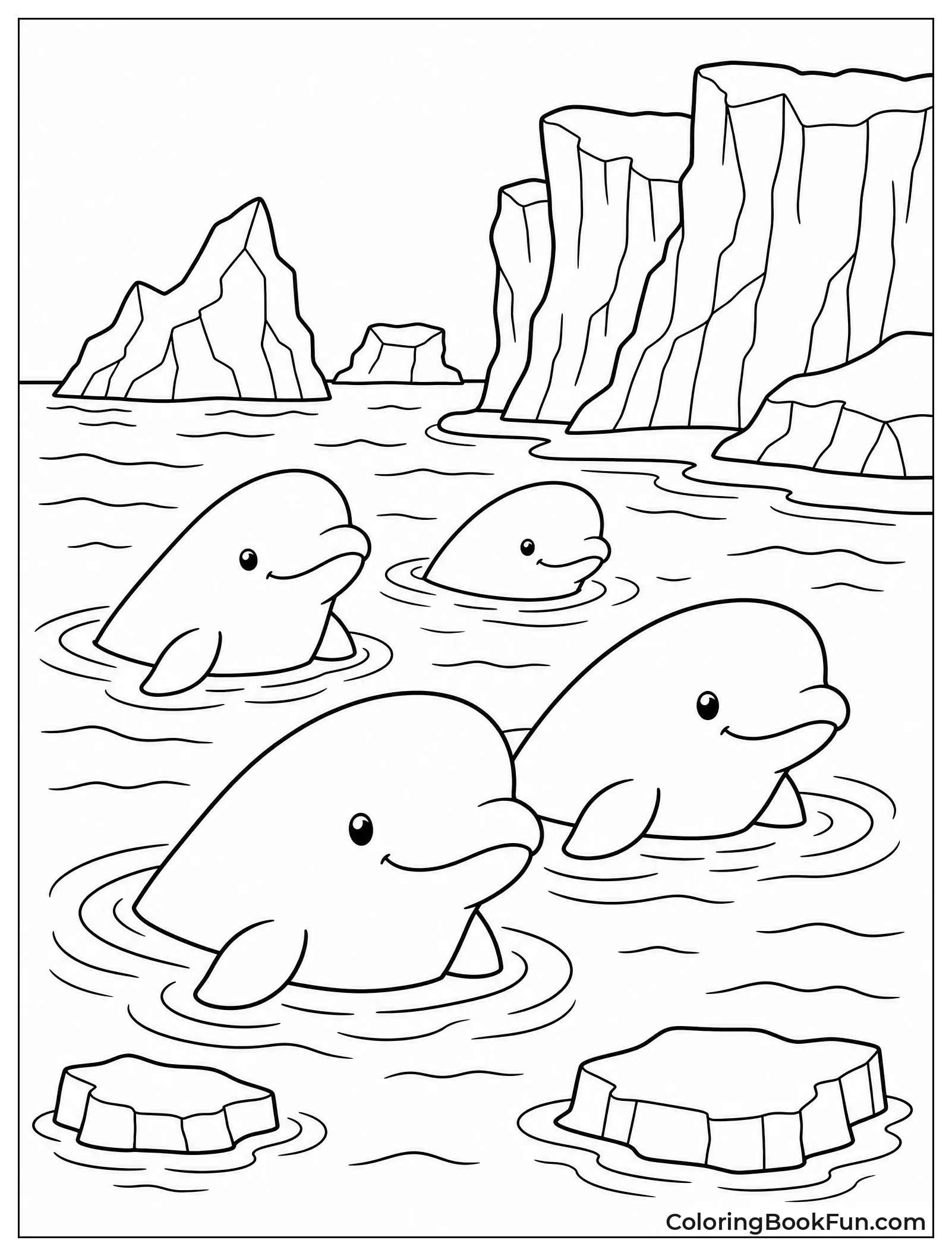 Belugas Surfacing near Icy Cliffs