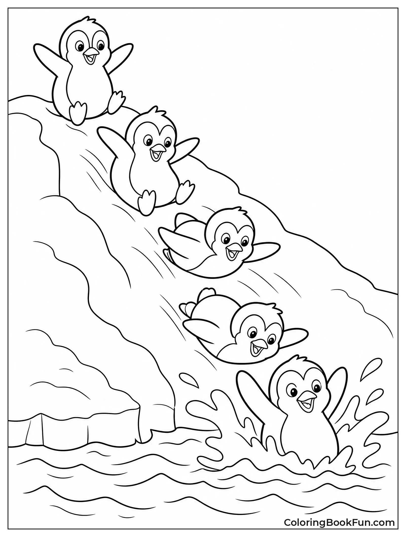 Penguins Sliding down Snowy Hill