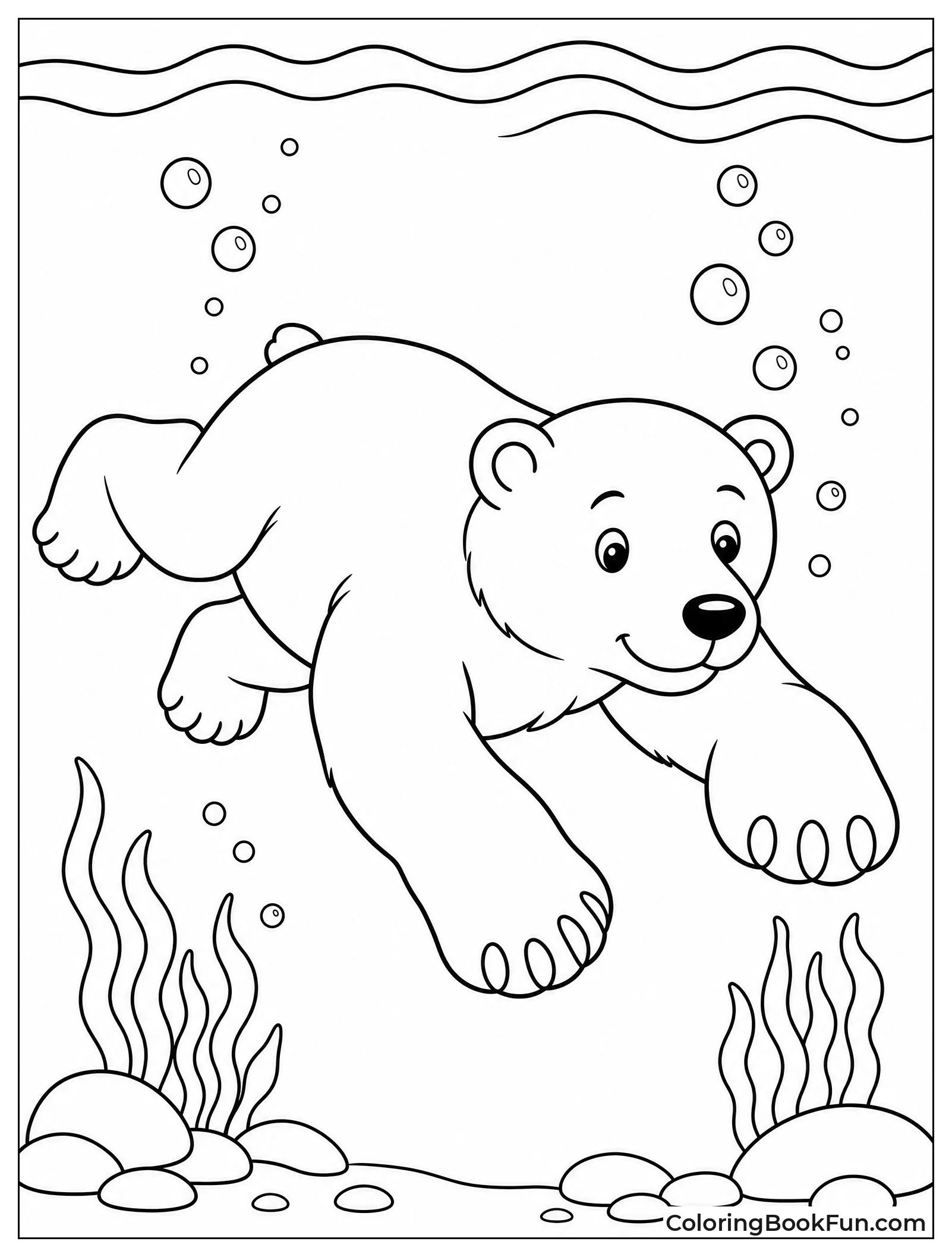 Bear Swimming Underwater with Bubbles