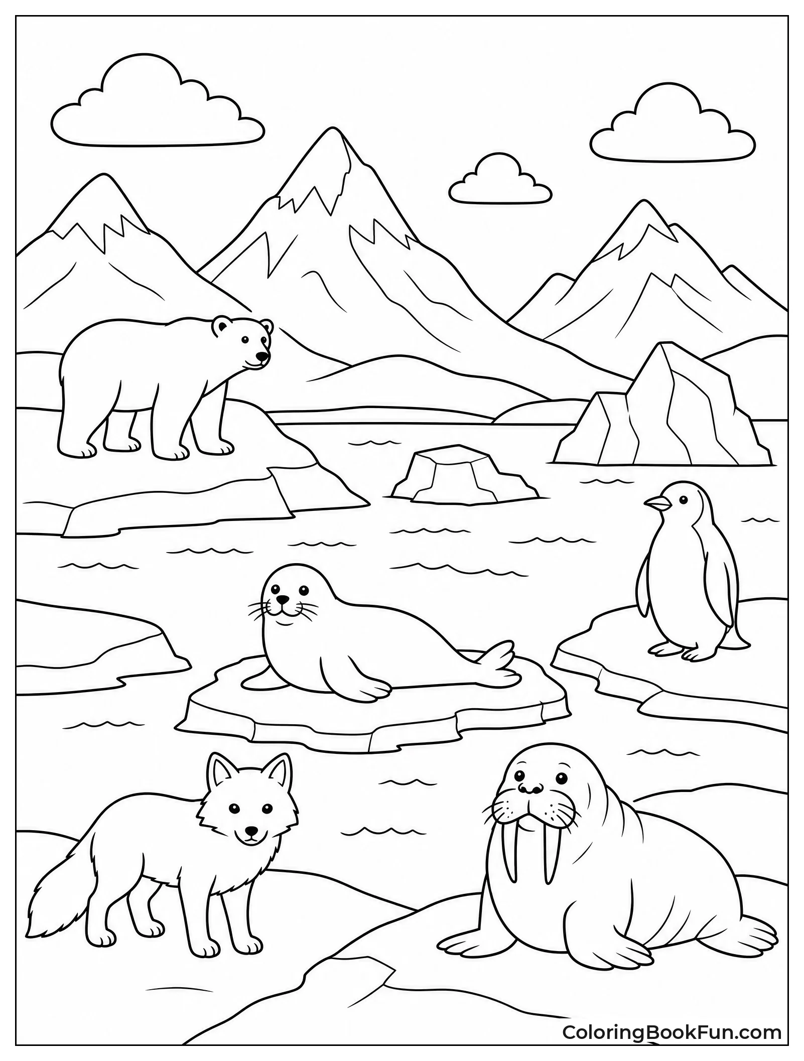 Arctic Scene with Mountains and Icebergs