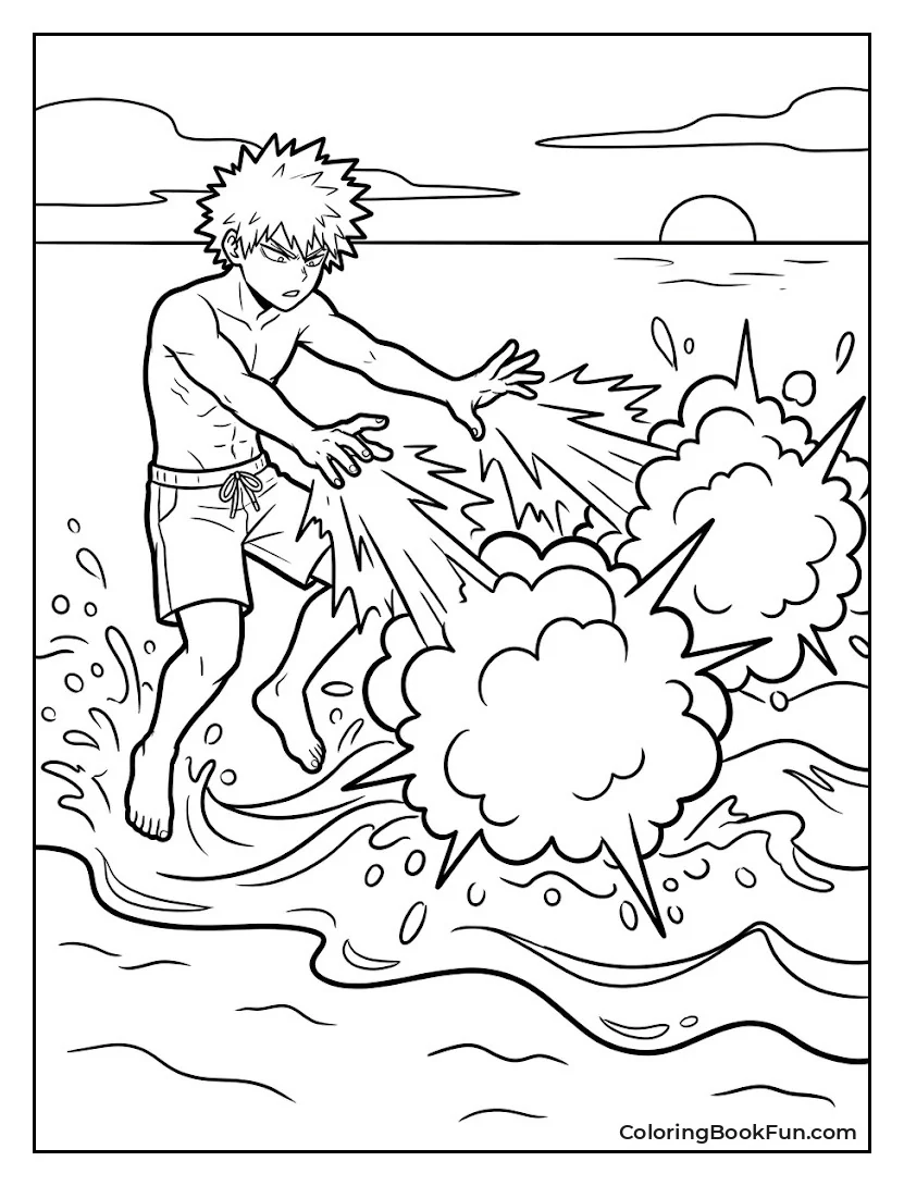 Bakugo Blasting Waves at the Beach