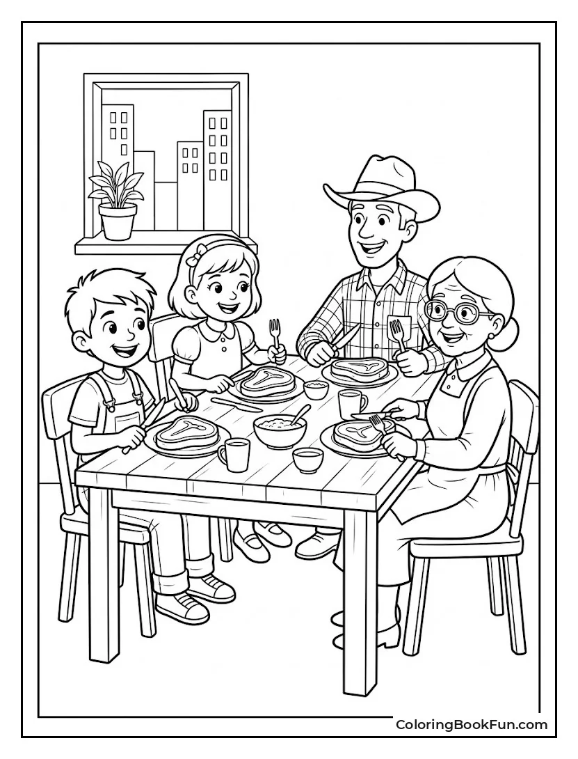 Family Enjoying Big Steak Dinner