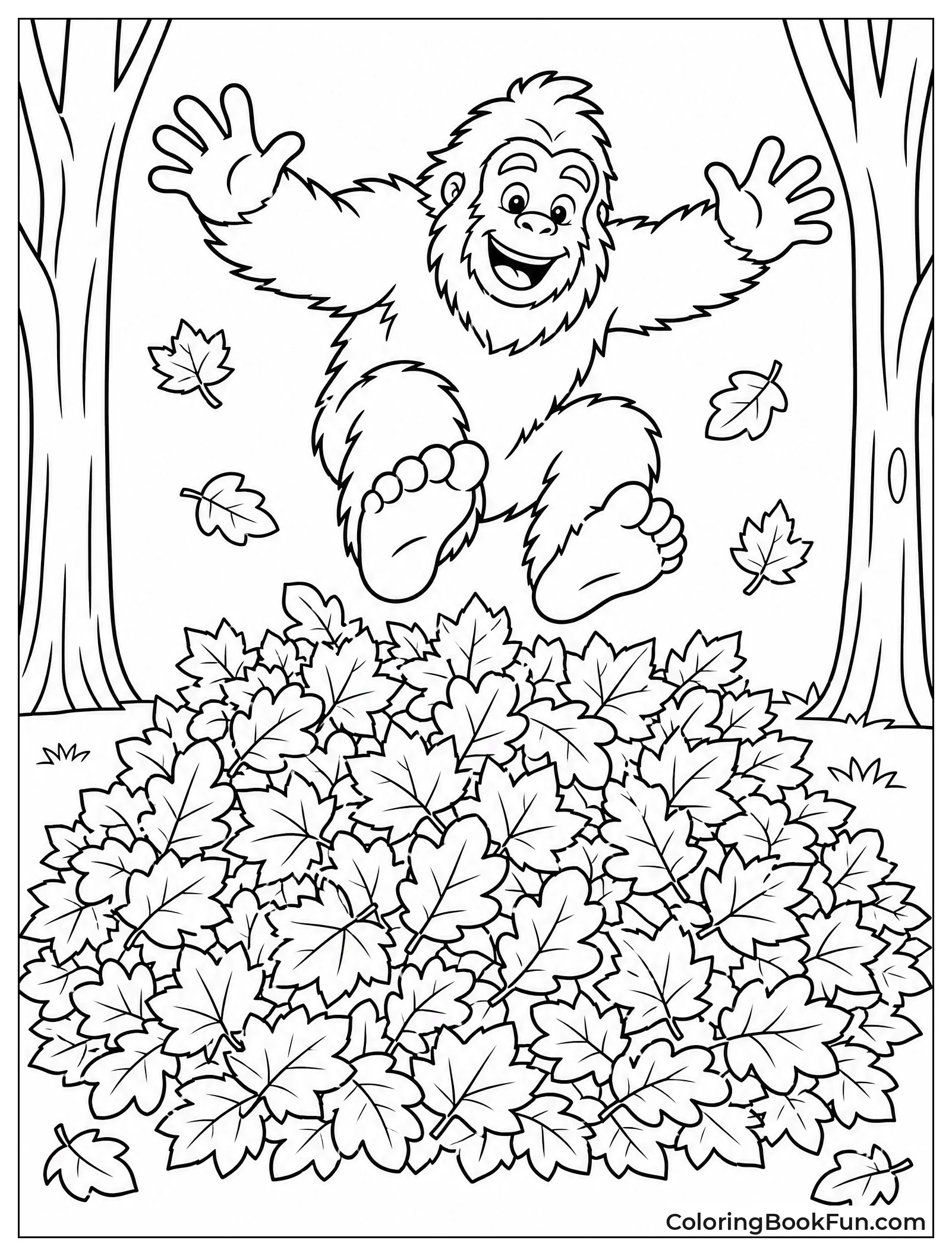 Bigfoot Jumping into Autumn Leaf Pile