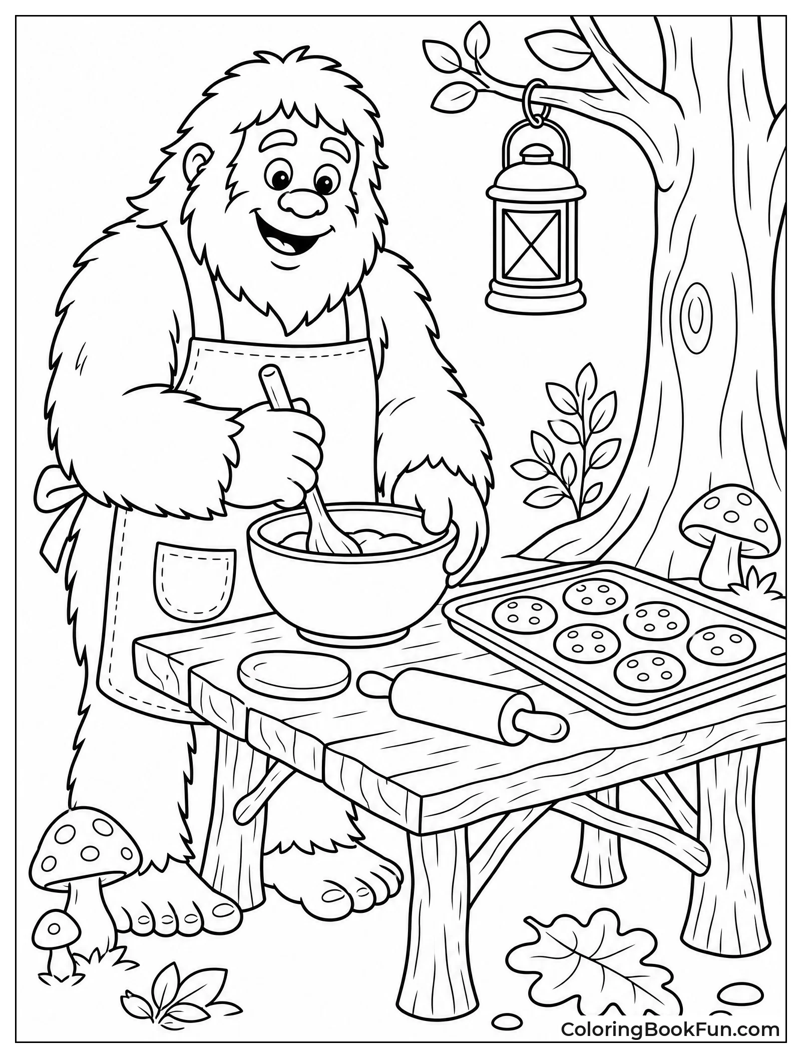 Bigfoot Baking Cookies in Forest Kitchen