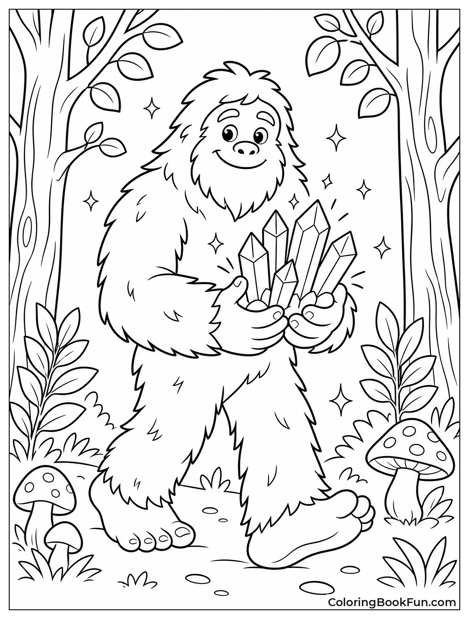 Bigfoot Holding Glowing Crystals in Forest