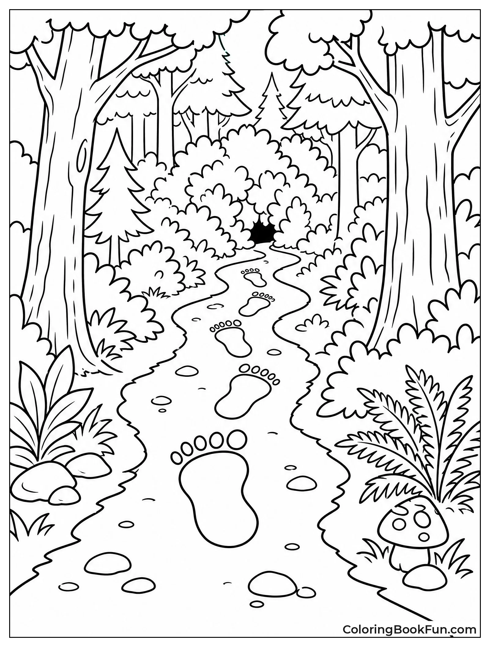 Trail of Bigfoot Footprints in Forest