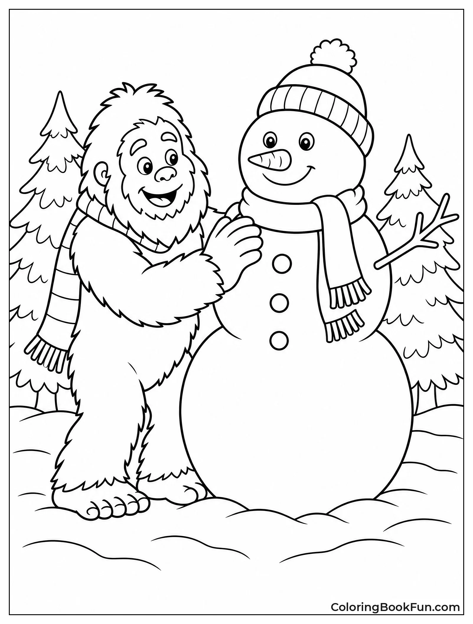 Bigfoot Building Snowman in Winter