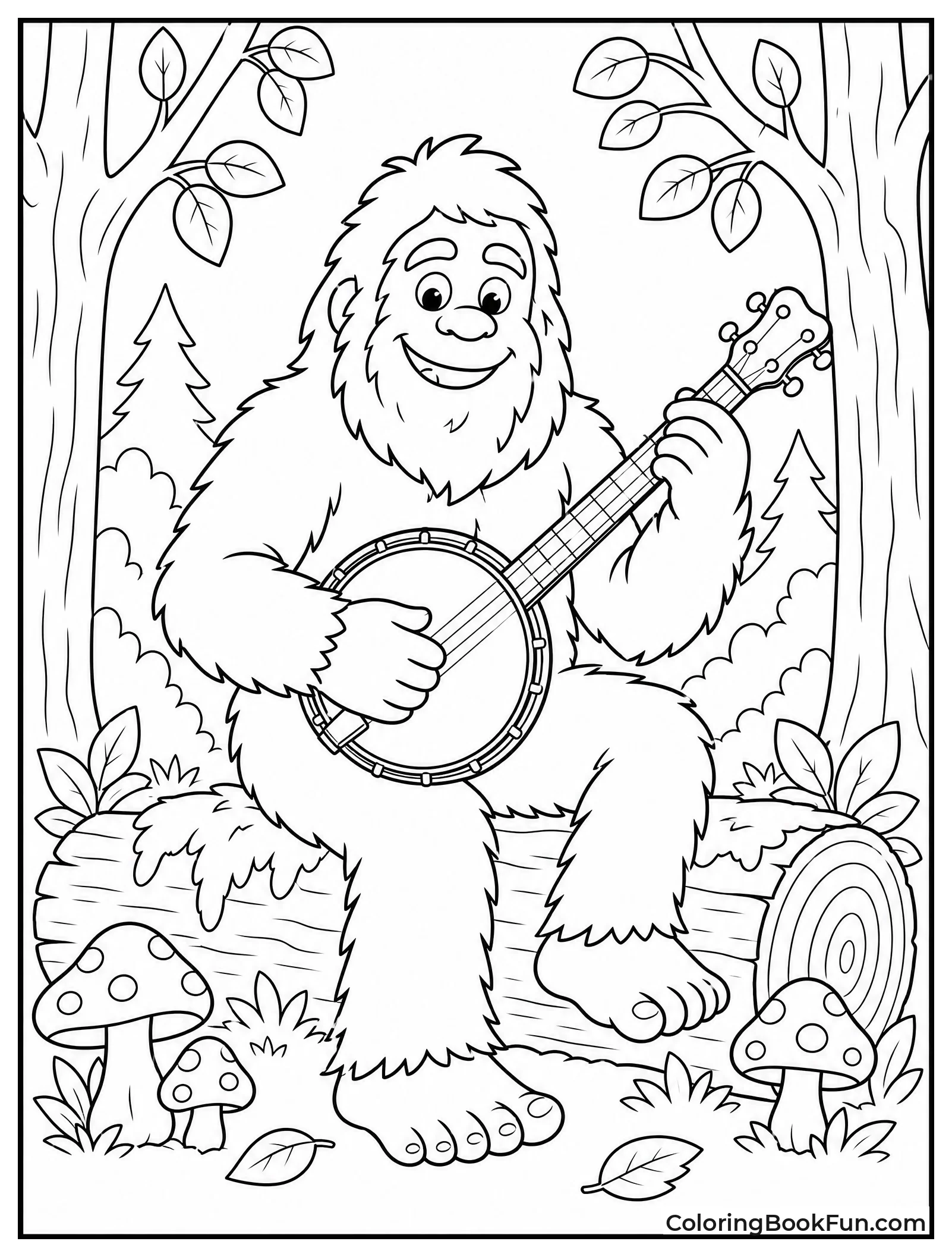 Bigfoot Playing Banjo on a Log