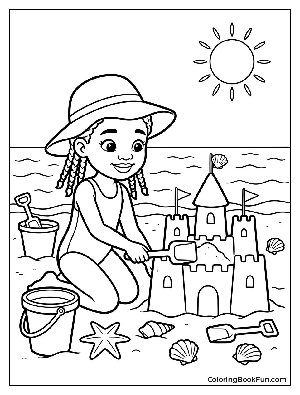 Girl Building Beach Sandcastle