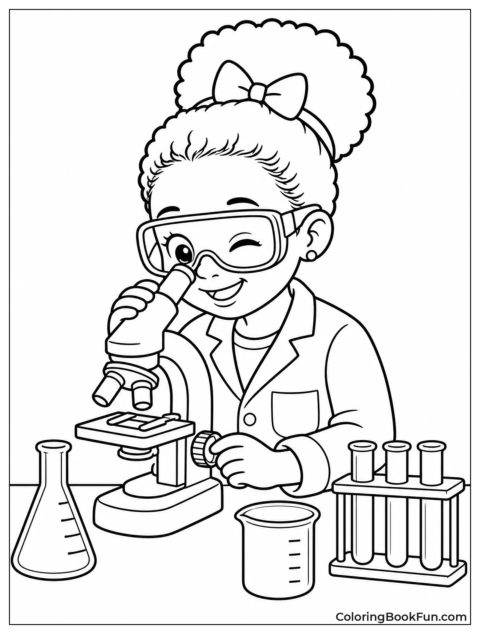 Curious Girl Using Microscope in Lab