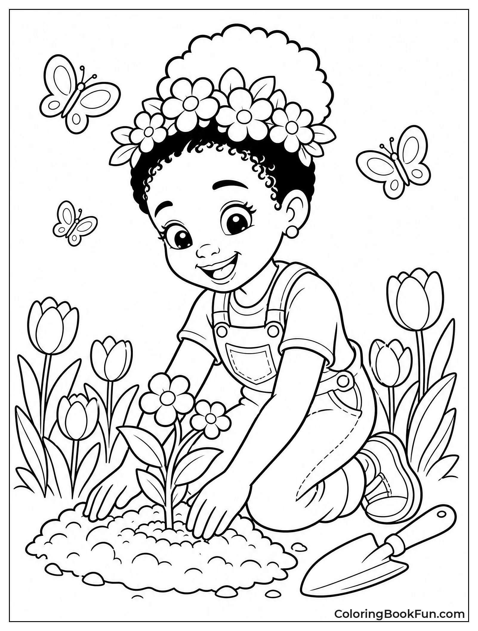 Girl Planting Tulips in Spring