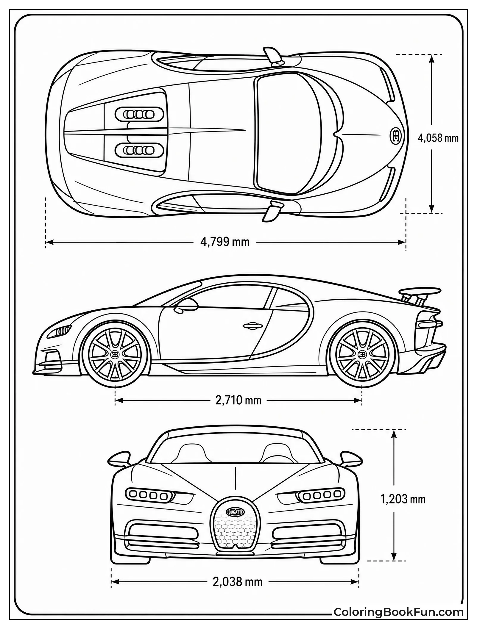 Blueprint Drawing of a Bugatti from All Sides