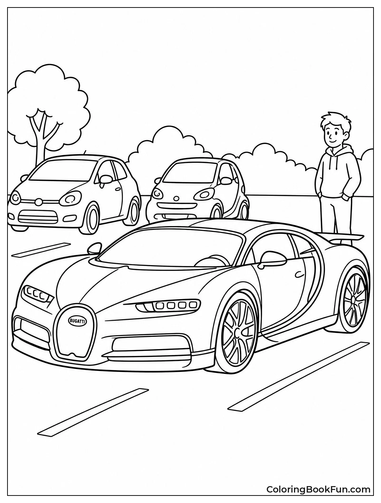 Bugatti Next to Tiny Cars and a Kid