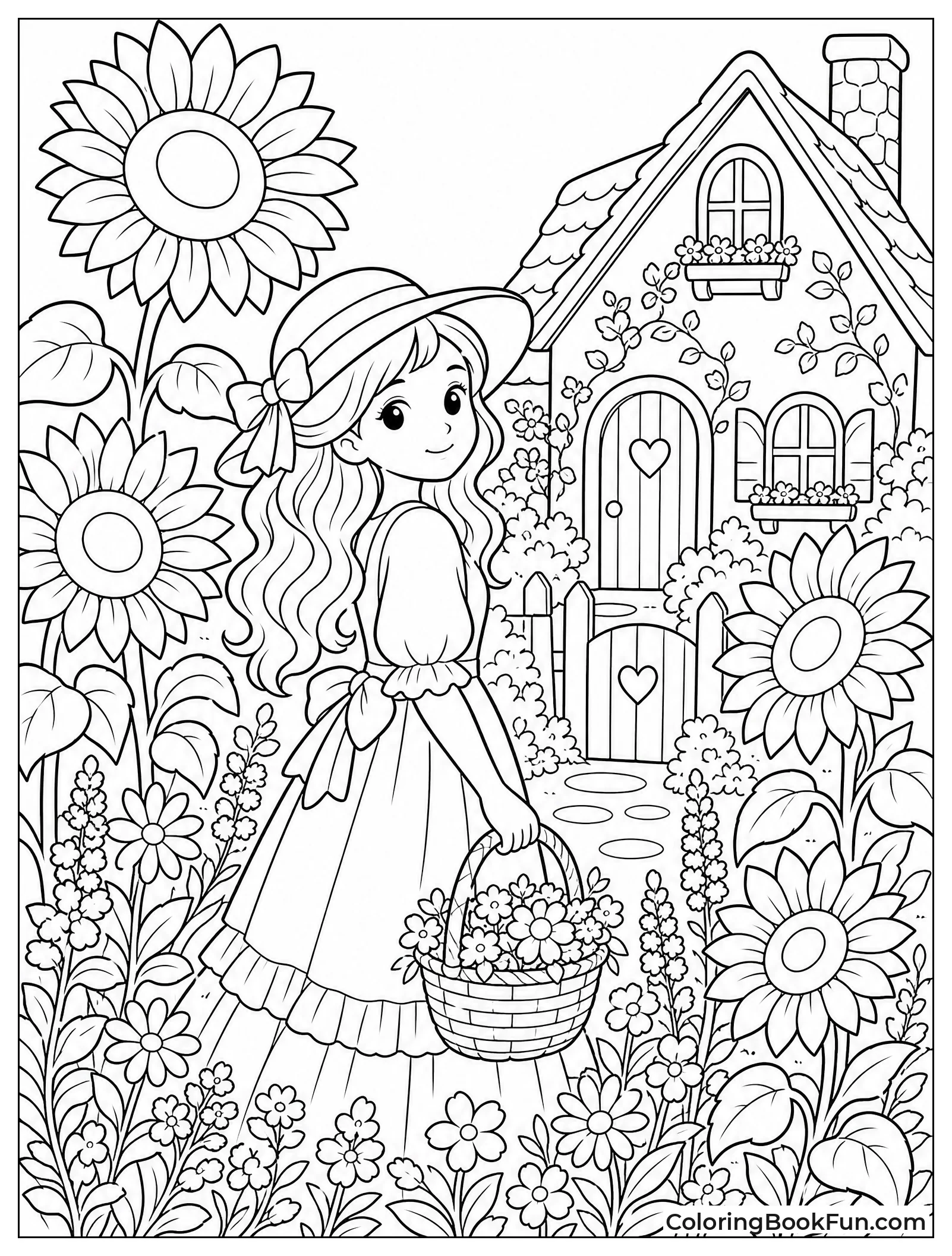Girl Standing Among Tall Sunflowers