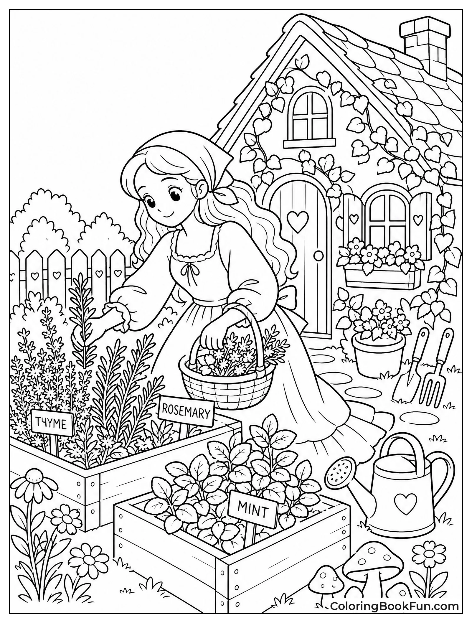 Girl Picking Fresh Herbs in Garden