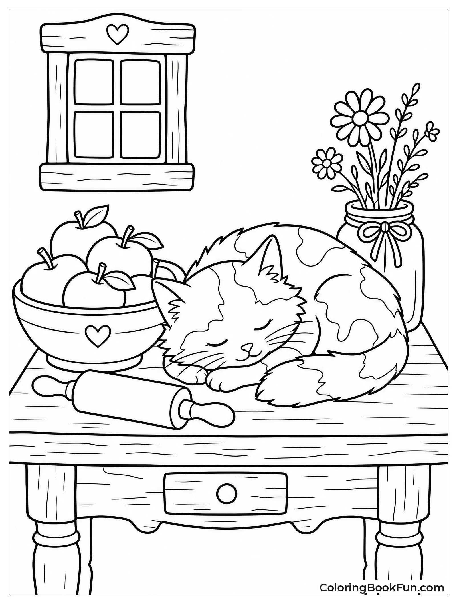 Fluffy Cat Napping near Apples