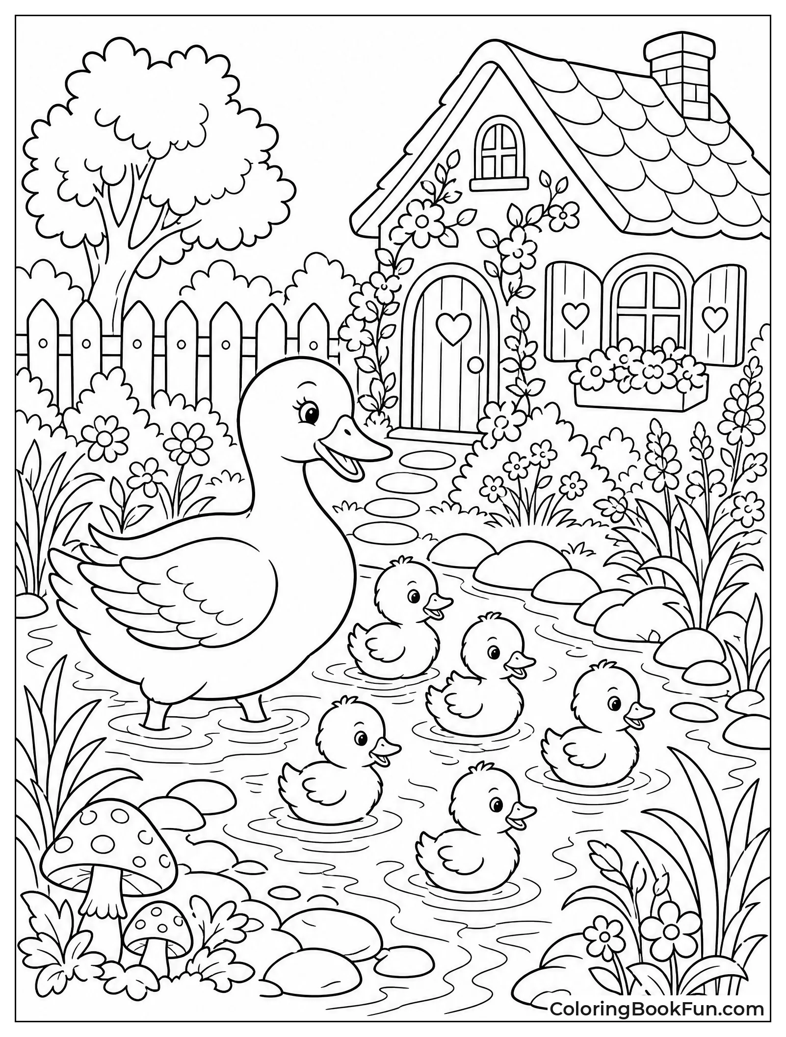 Mother Duck Leading Her Ducklings