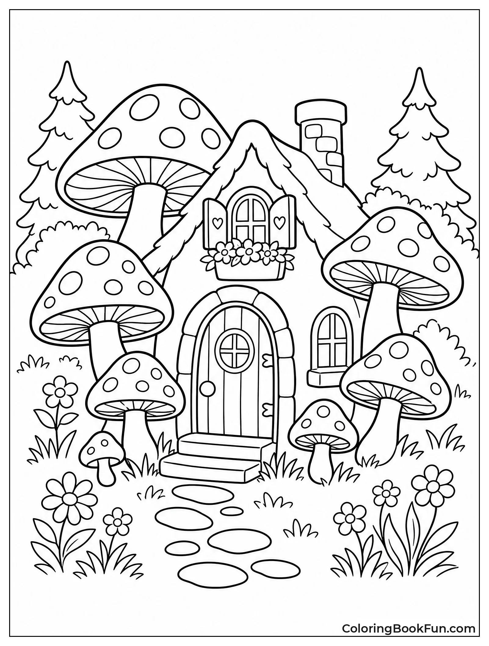 Mushrooms Growing around a Tiny Cottage