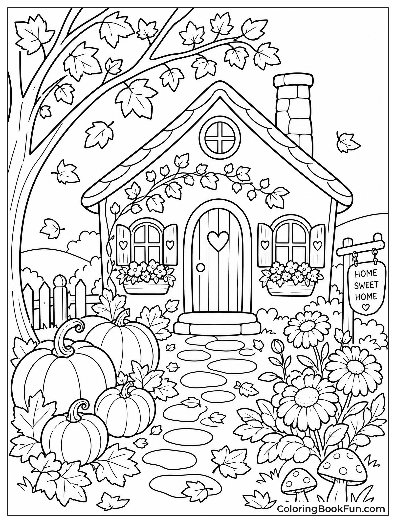 Cottage with Pumpkins and Autumn Leaves