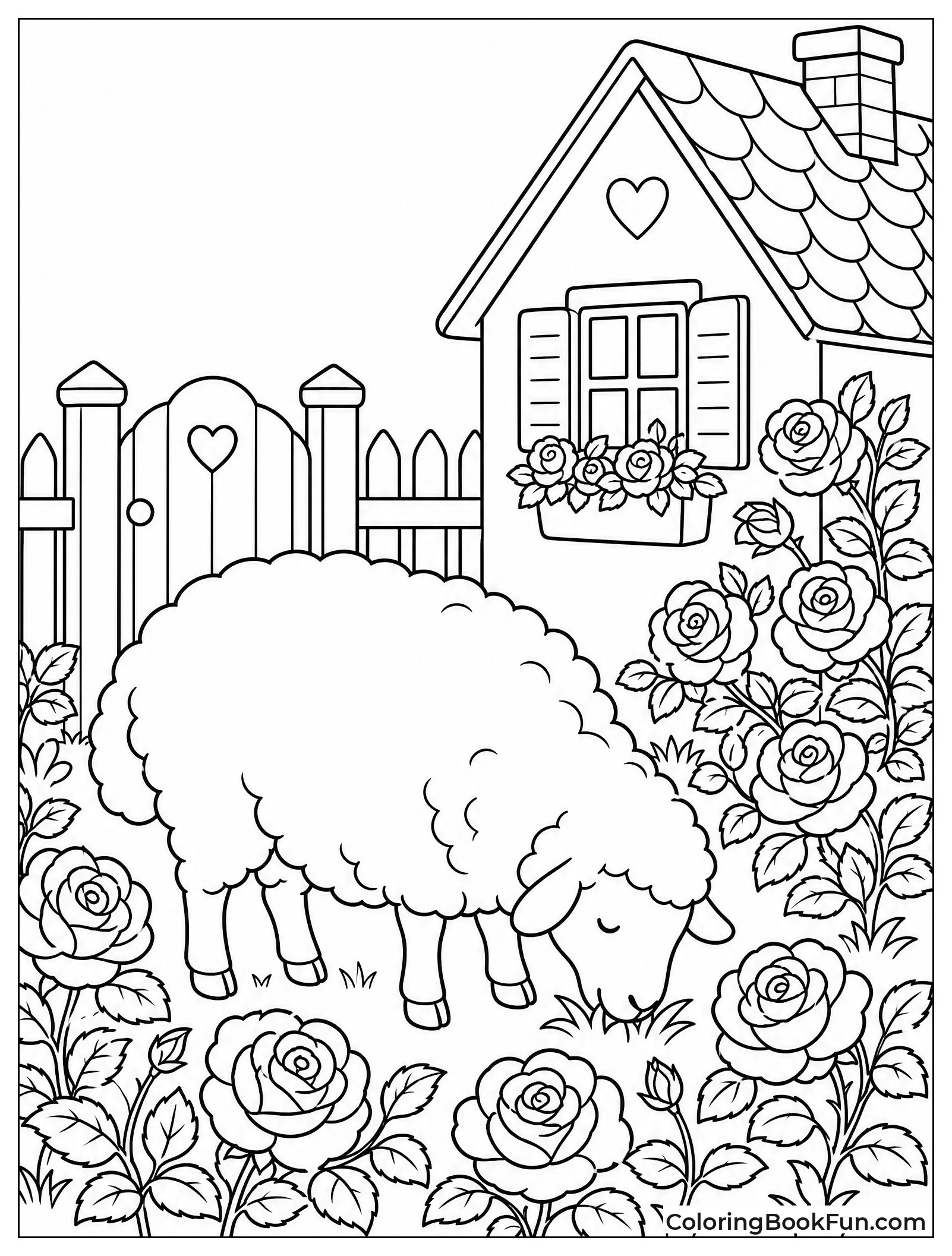 Sheep Grazing among Pink Roses
