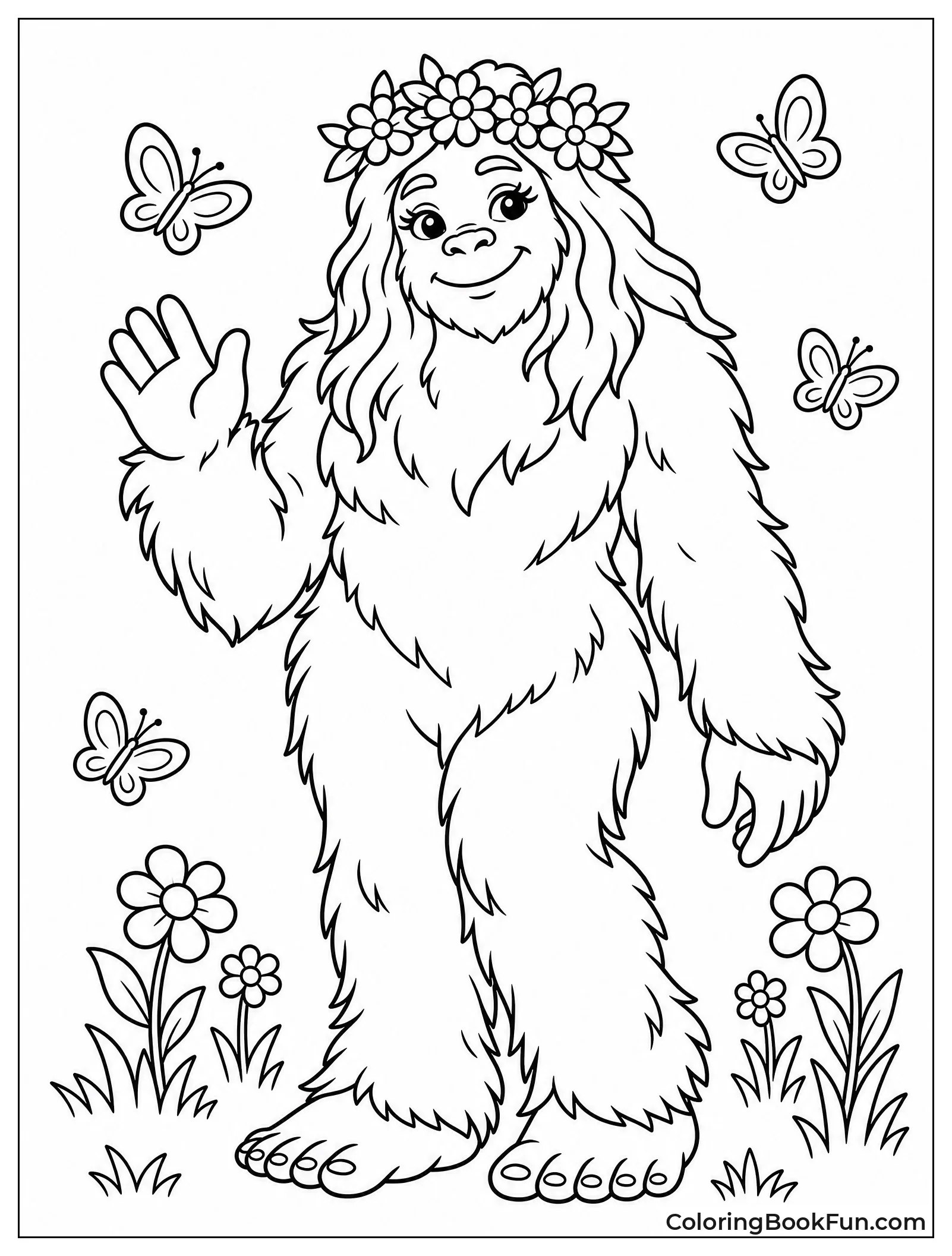 Bigfoot Wearing Flower Crown in Meadow