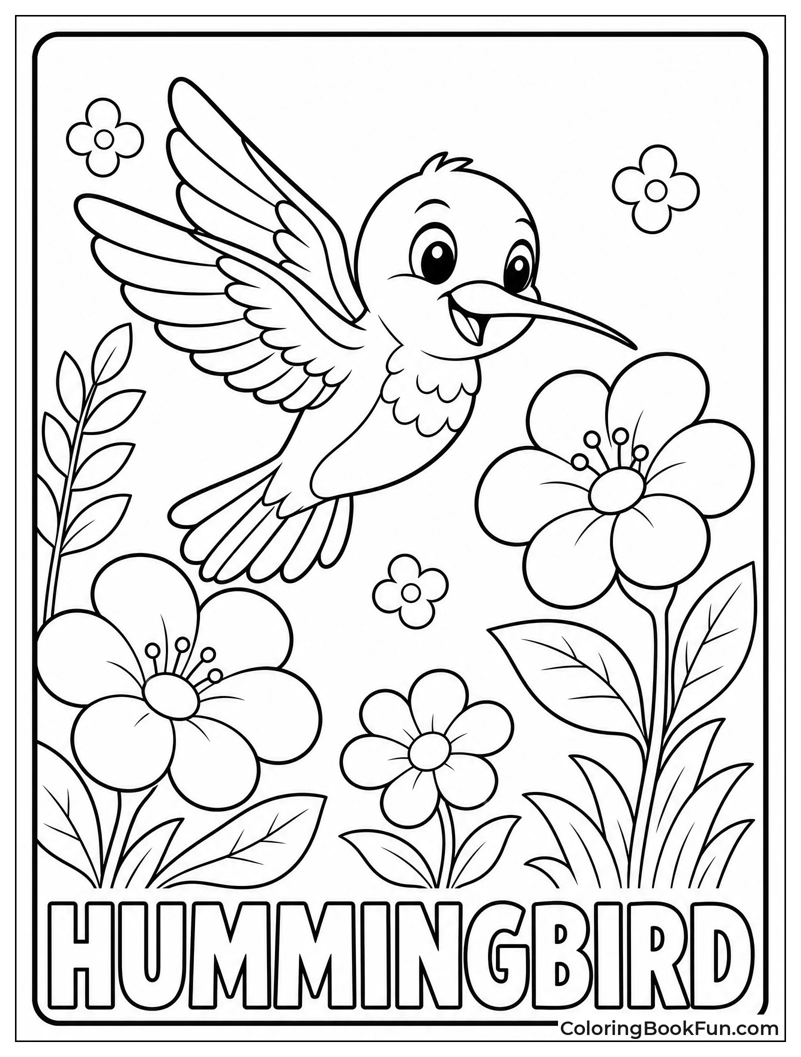Cartoon Hummingbird Zooming Through Flowers