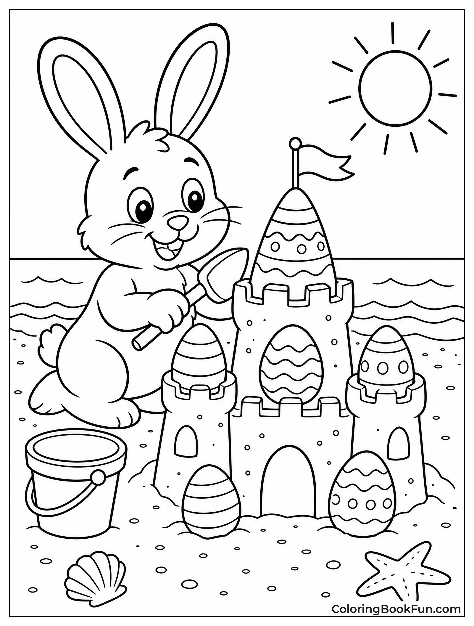 Bunny Building Sandcastle with Eggs