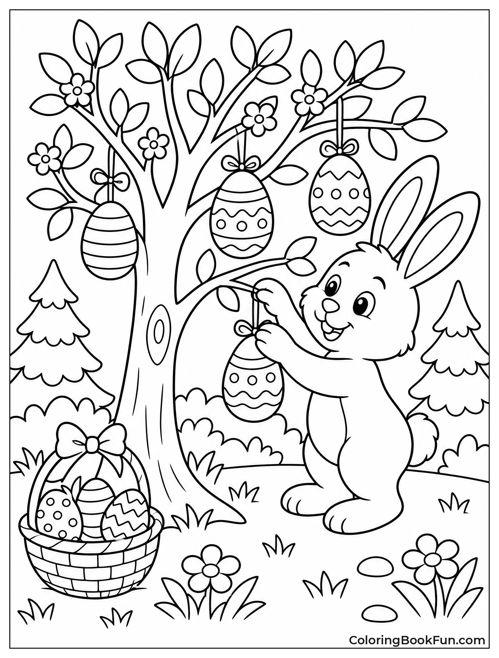 Bunny Decorating Tree with Eggs