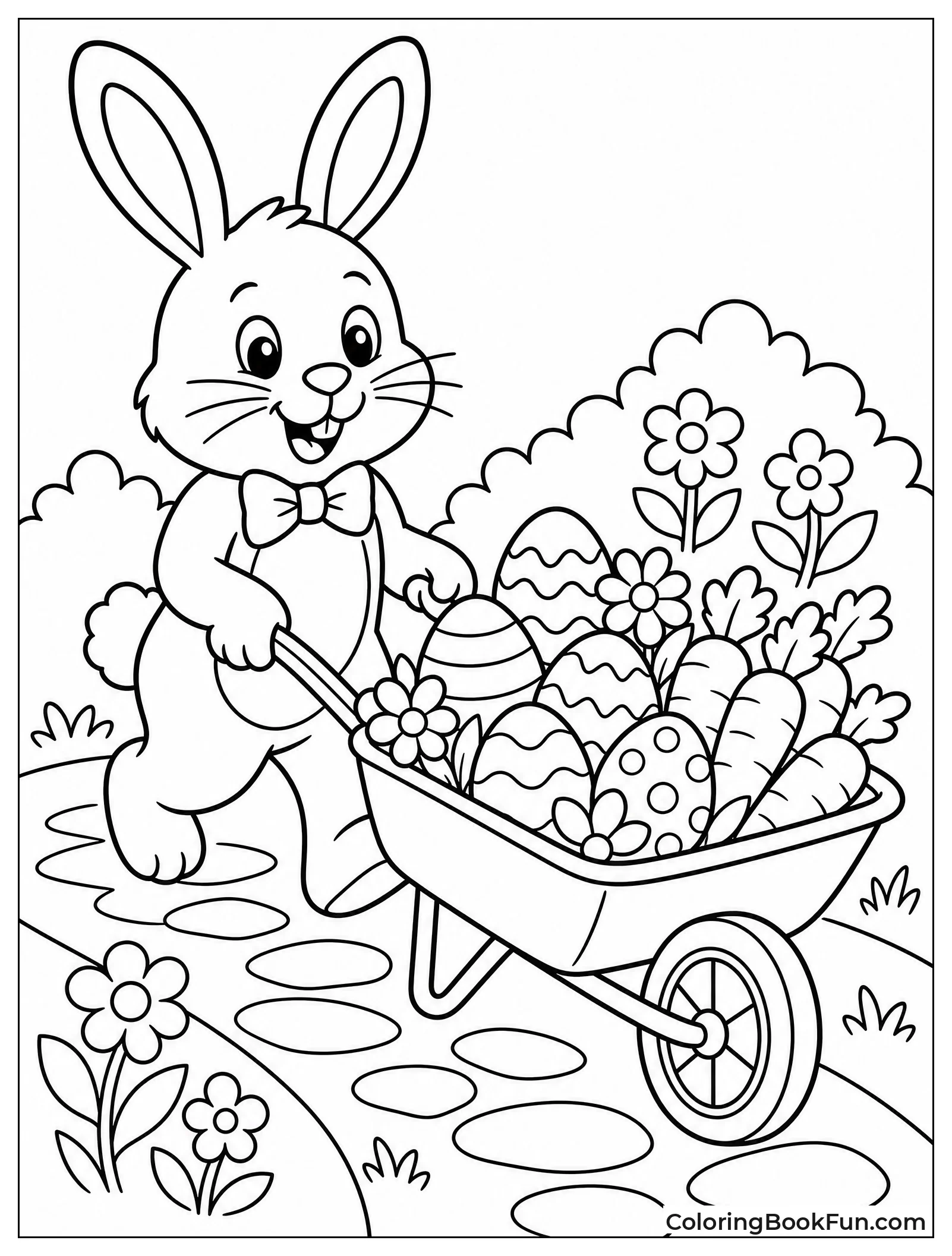 Bunny Pushing Wheelbarrow of Eggs