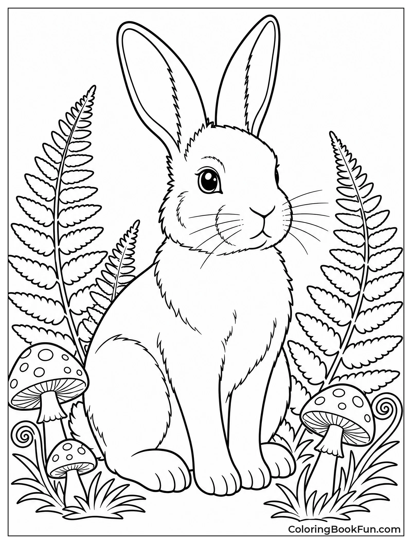 Bunny Sitting among Forest Ferns