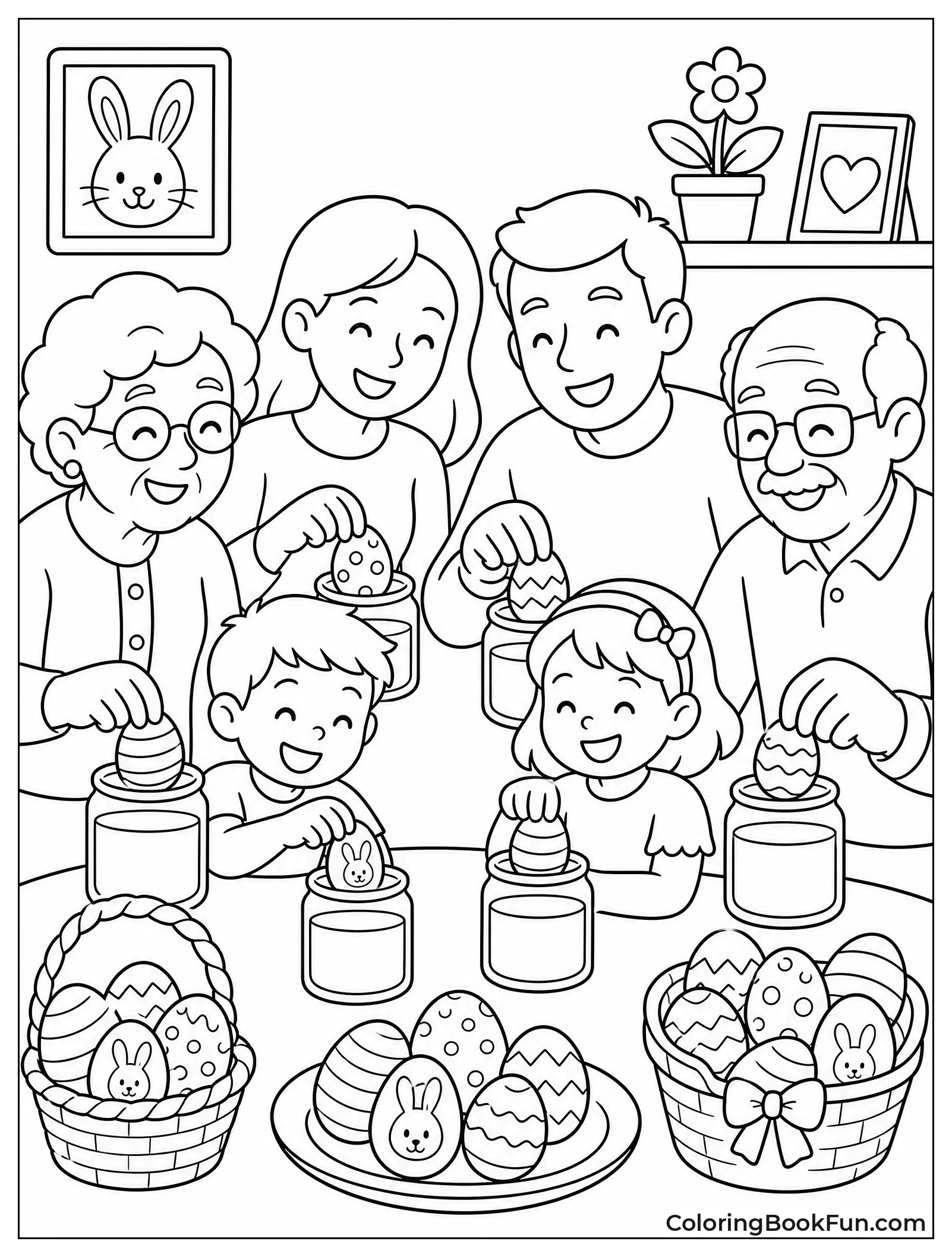 Family Laughs While Coloring Eggs