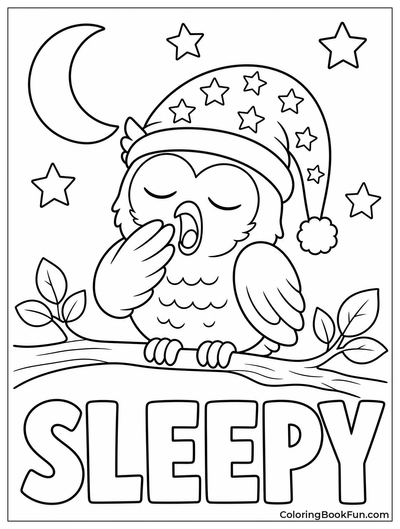 Sleepy Owl Yawning on Branch