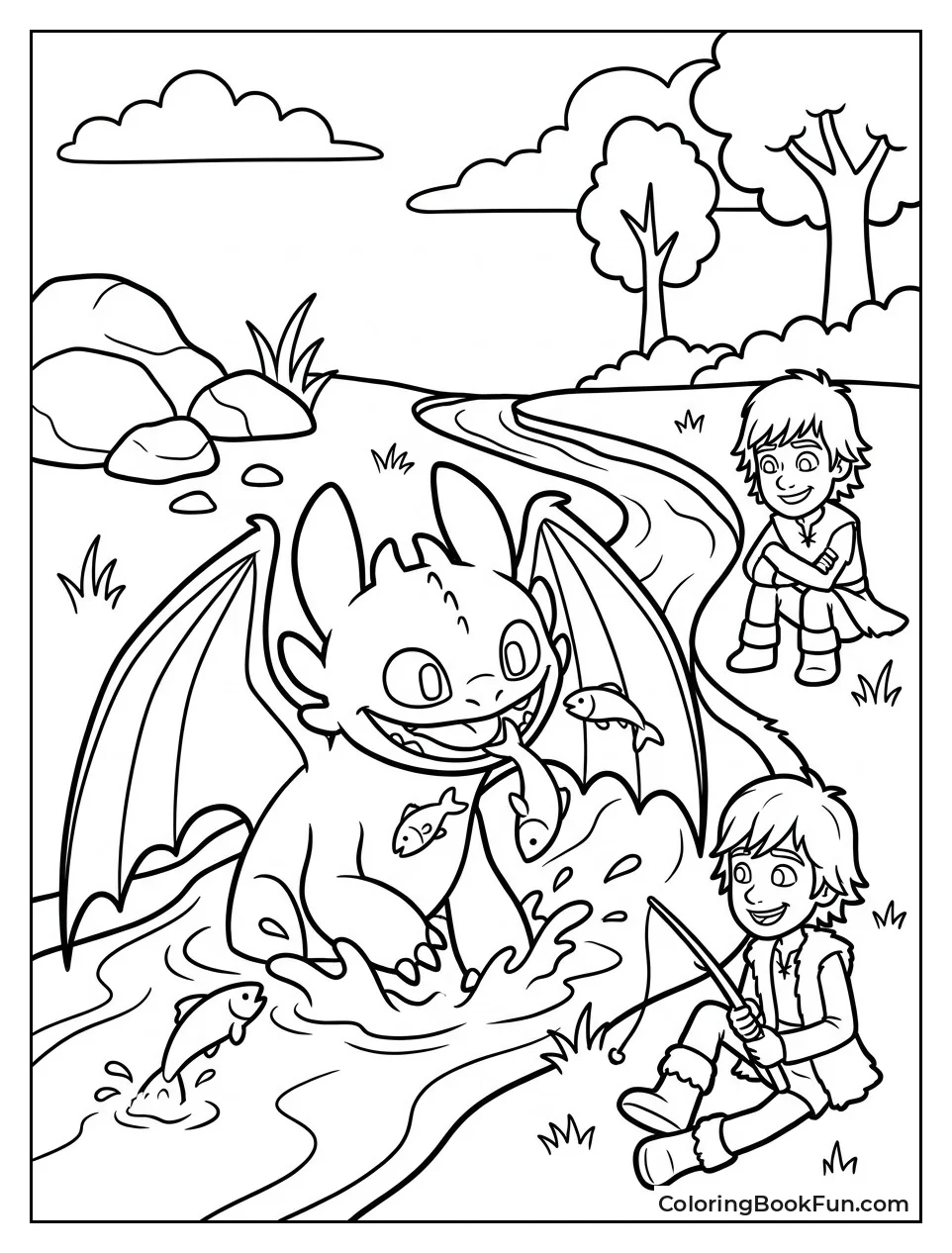 Toothless Fishing with Hiccup Nearby
