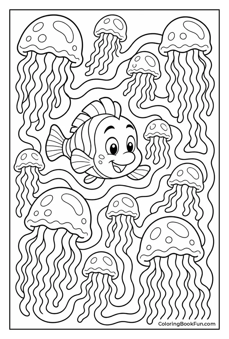 Flounder Swimming Through Jellyfish