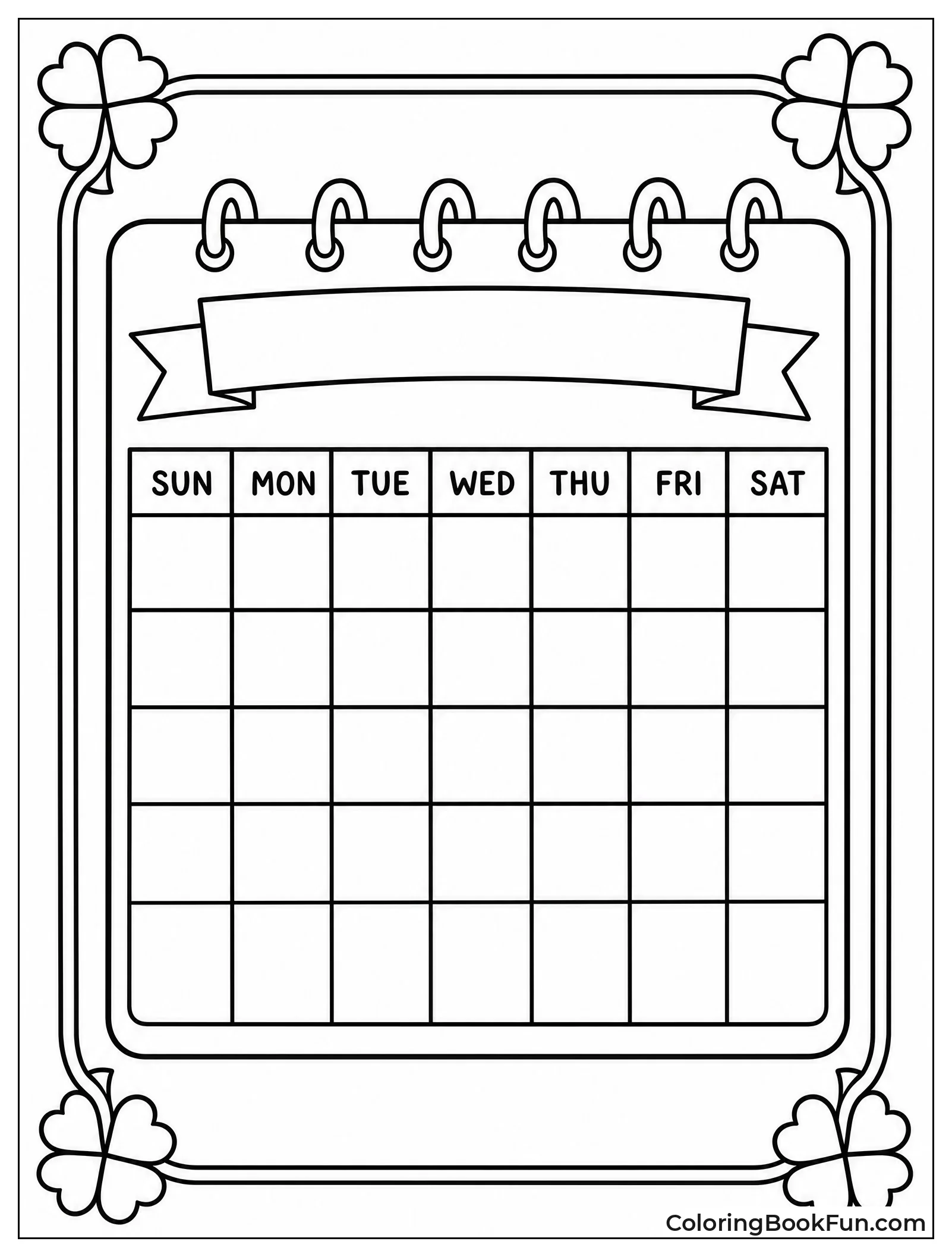 Monthly Calendar Decorated with Lucky Clovers