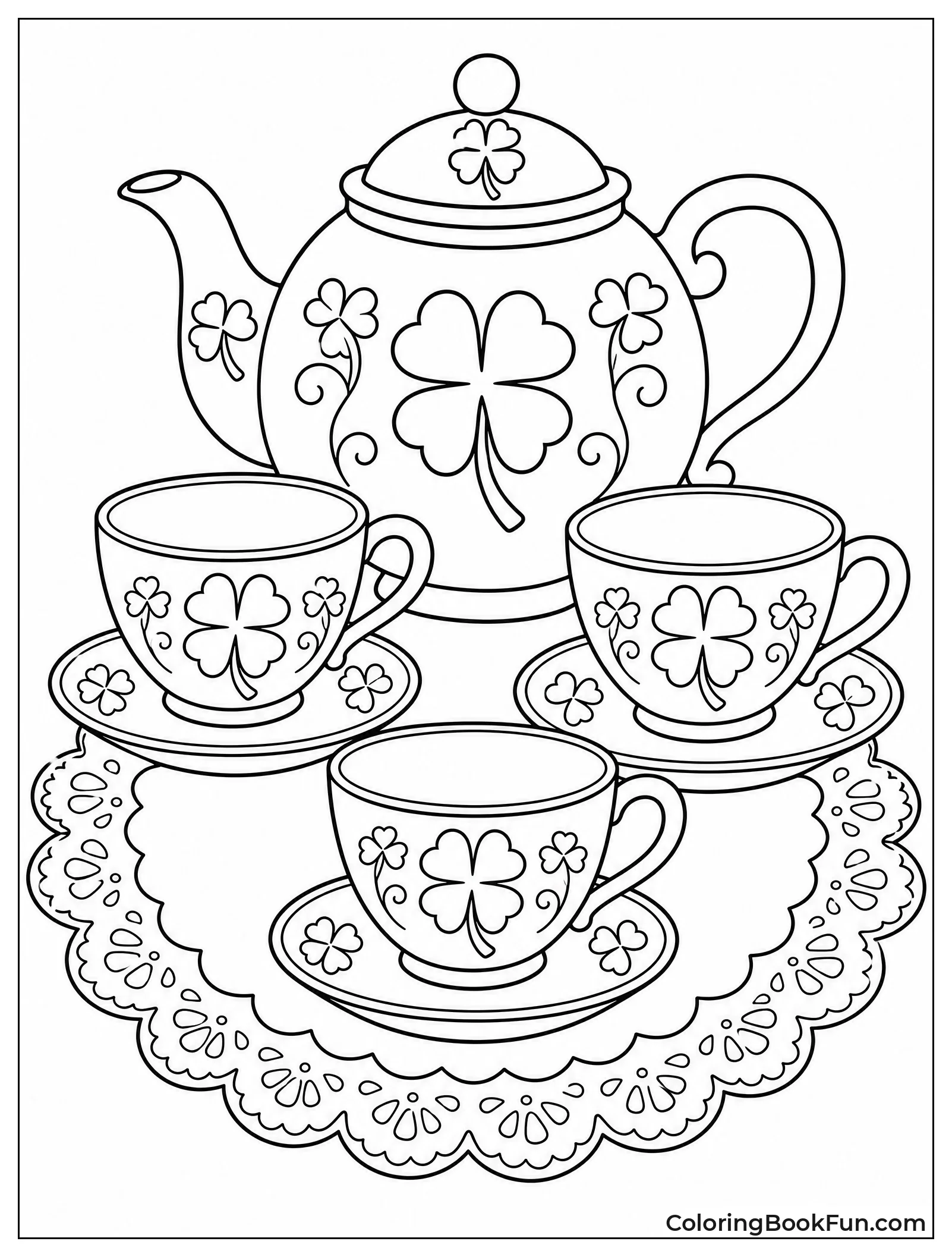 Teapot and Teacups Decorated with Clovers