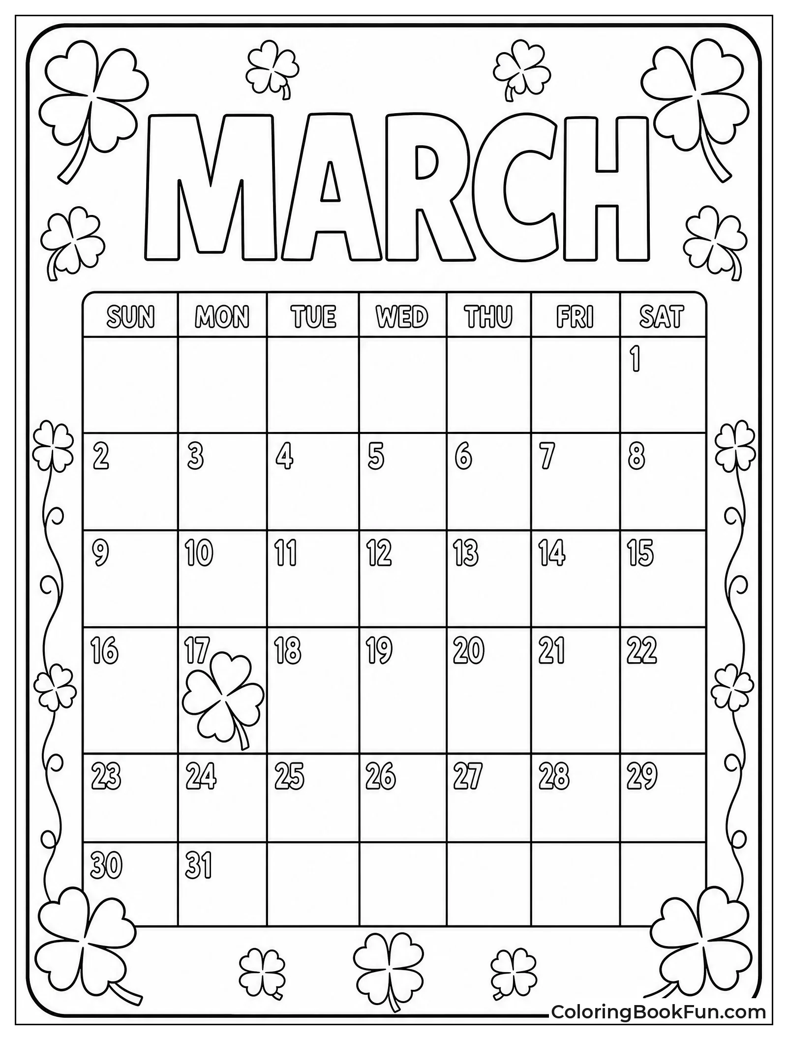 March Calendar with Clovers on Top