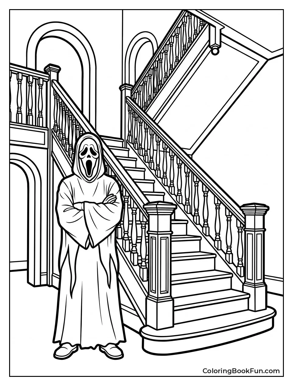 Ghostface Waiting at Bottom of Stairs