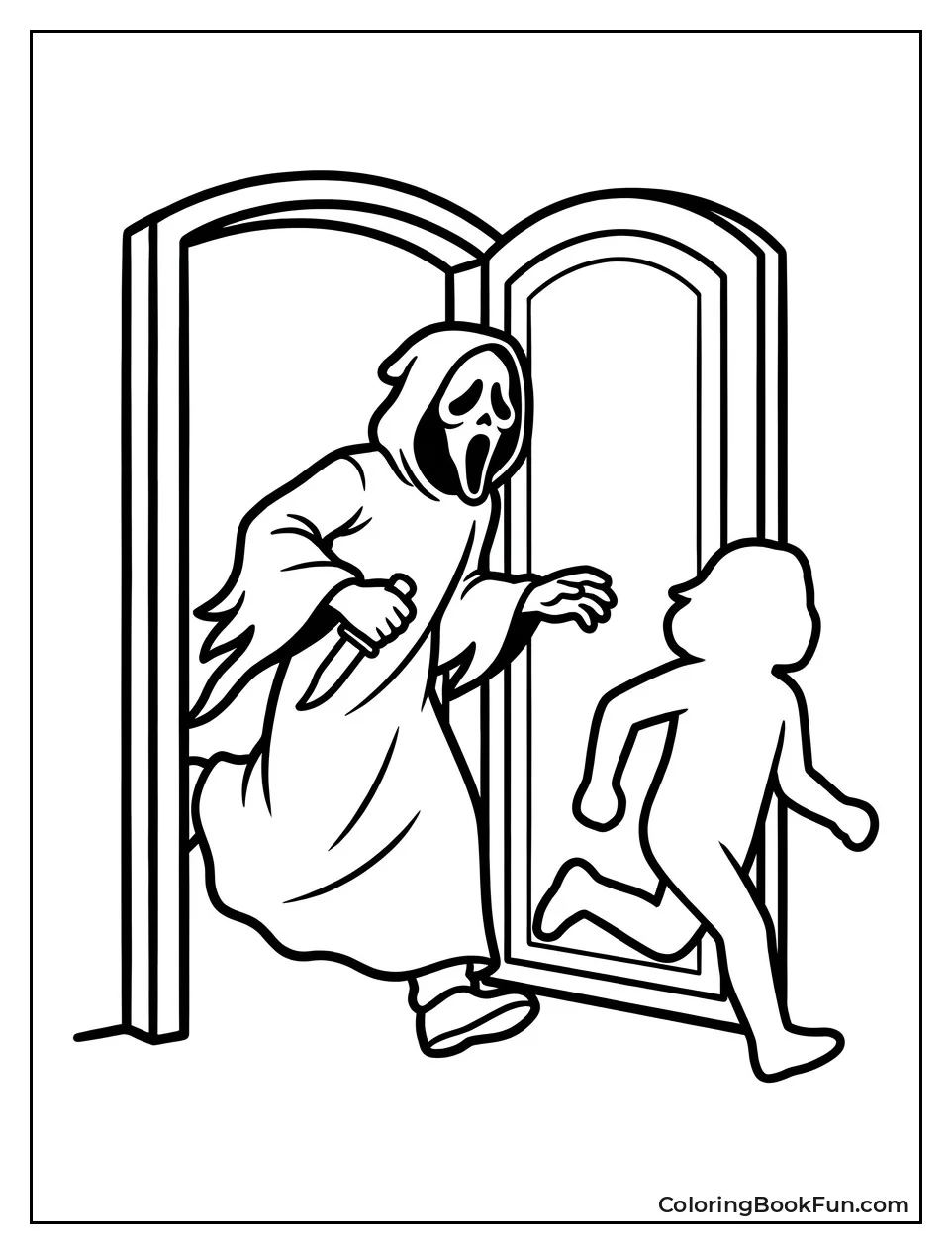 Ghostface Chasing a Figure Through Door
