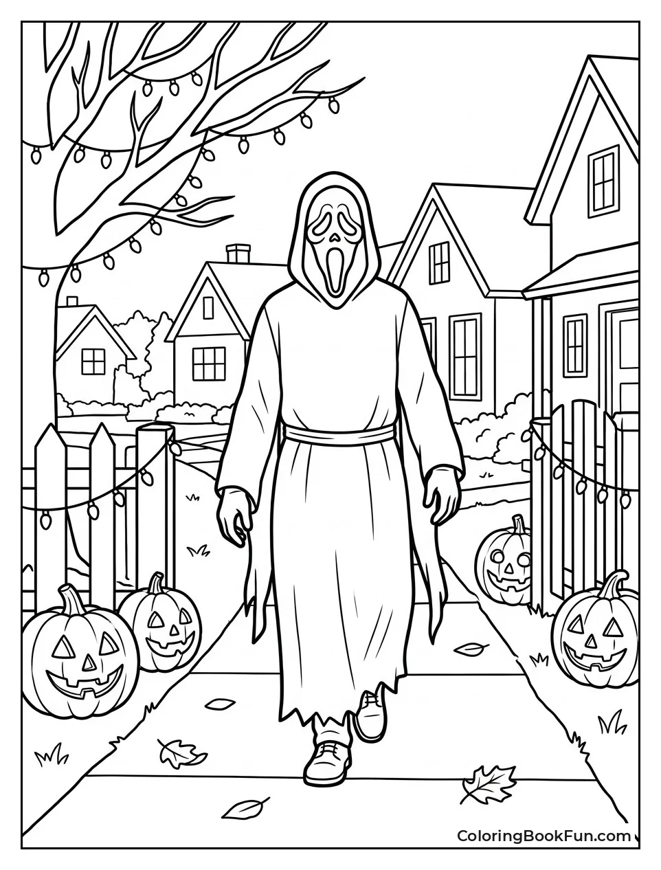 Ghostface Walking Past Jack O Lanterns