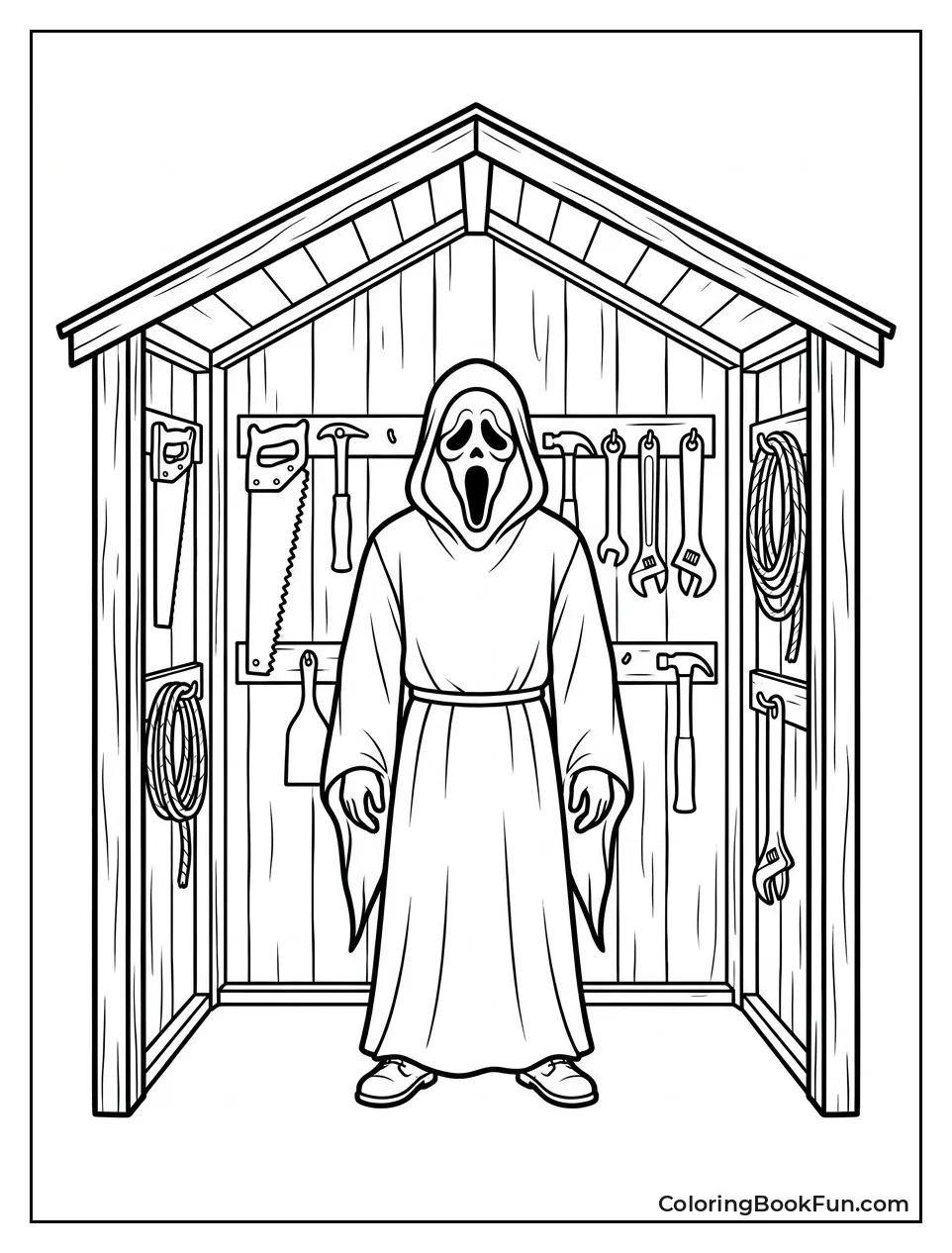 Ghostface Inside Woodshed with Hanging Tools