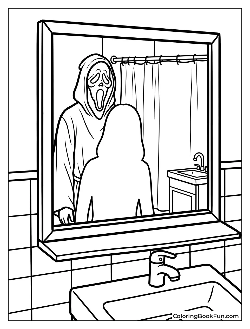 Ghostface Reflection in Empty Bathroom Mirror