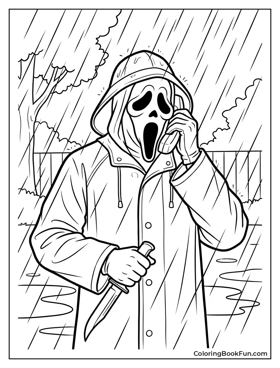 Ghostface Standing in Rain with Yellow Coat