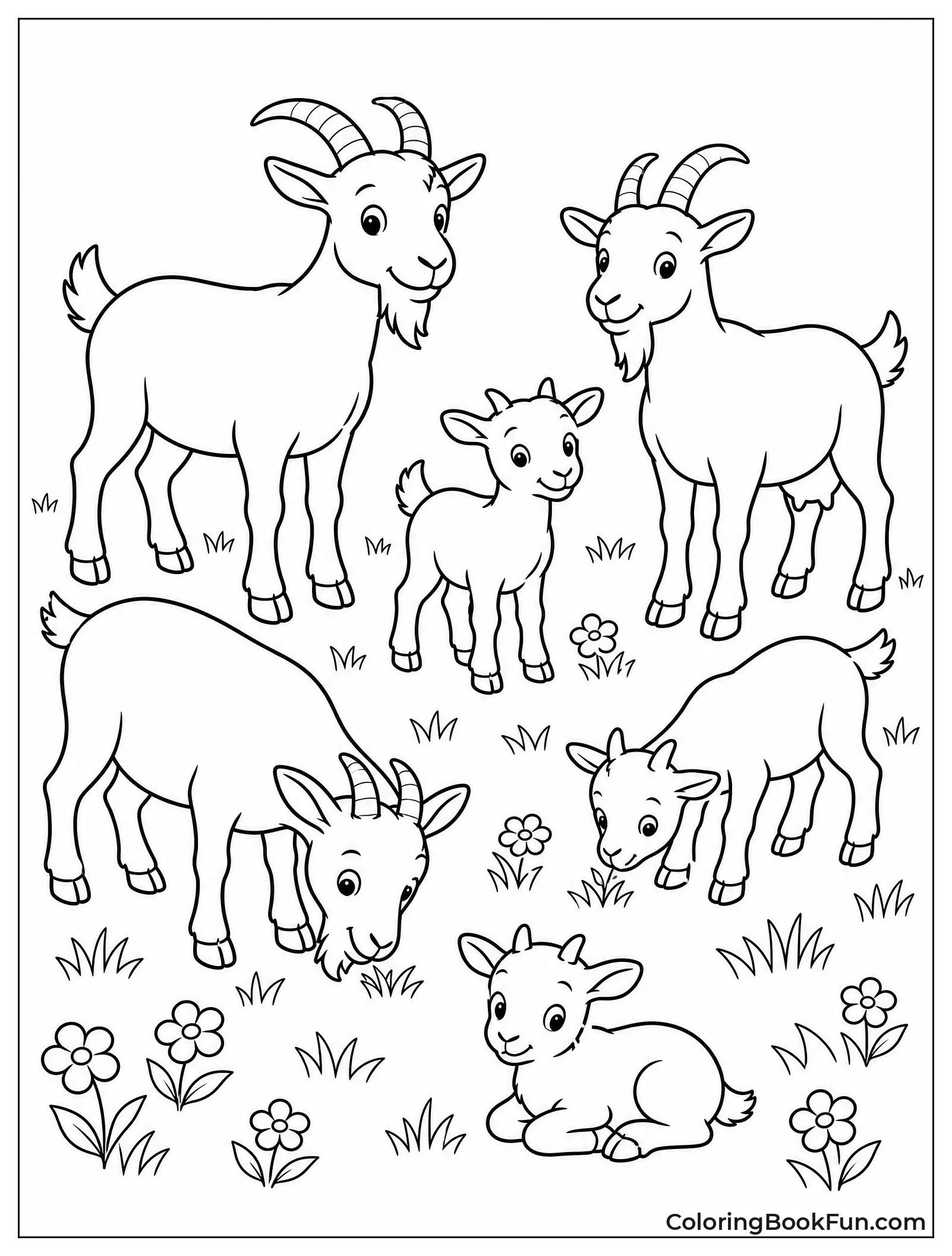 Goat Family Grazing in Meadow