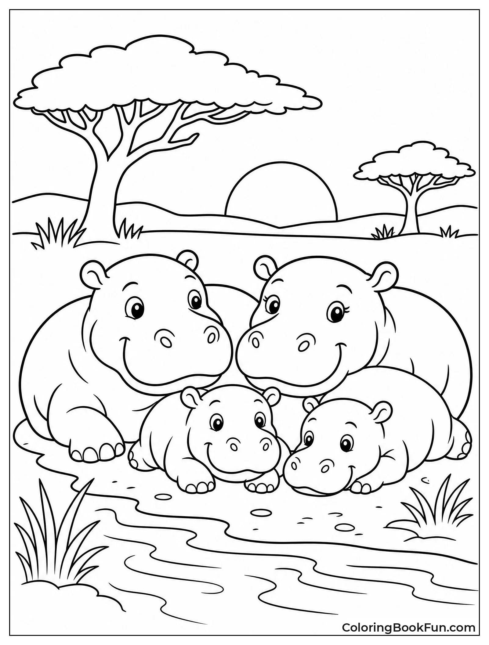Hippo Family on the Riverbank