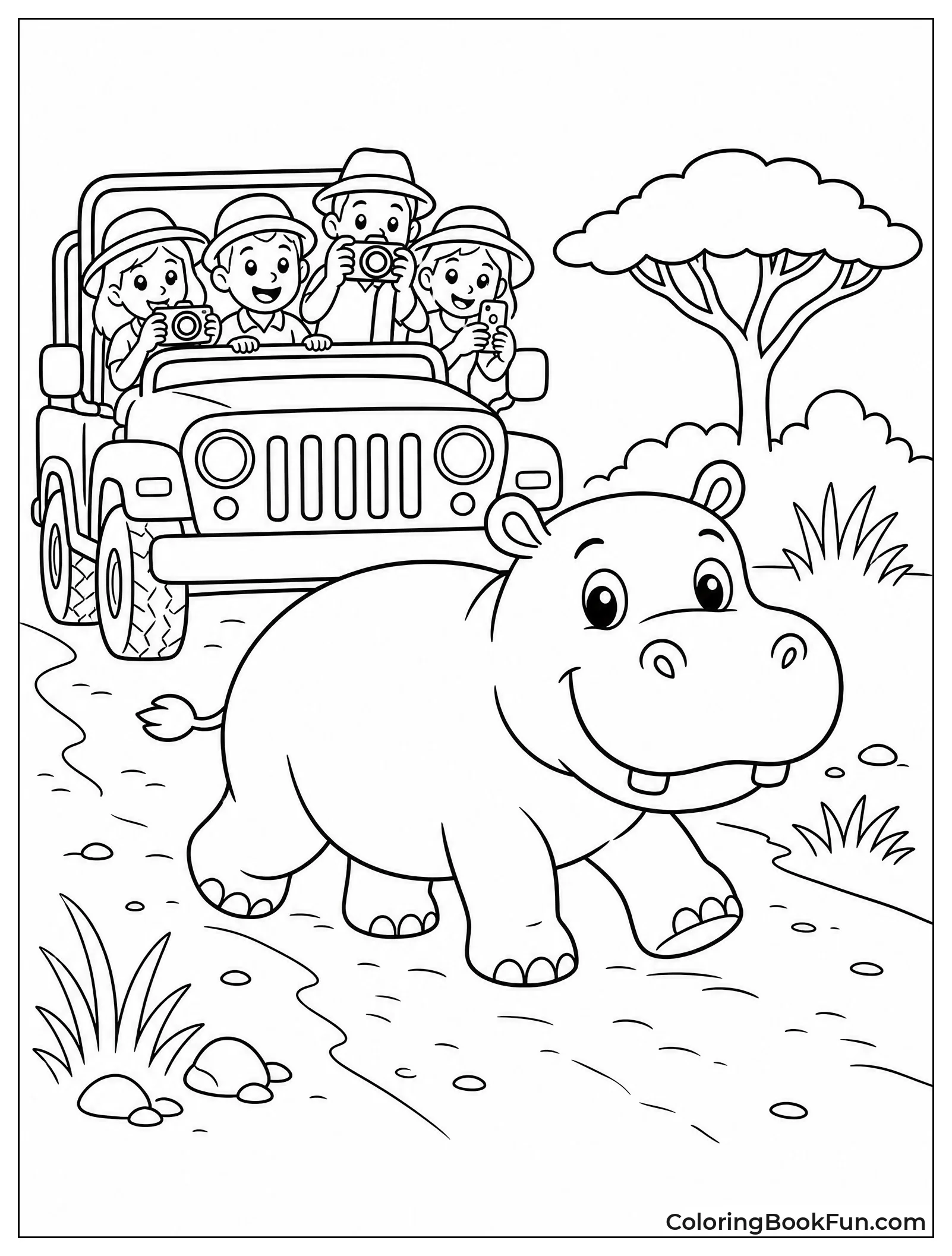 Hippo Crossing Road Near Jeep
