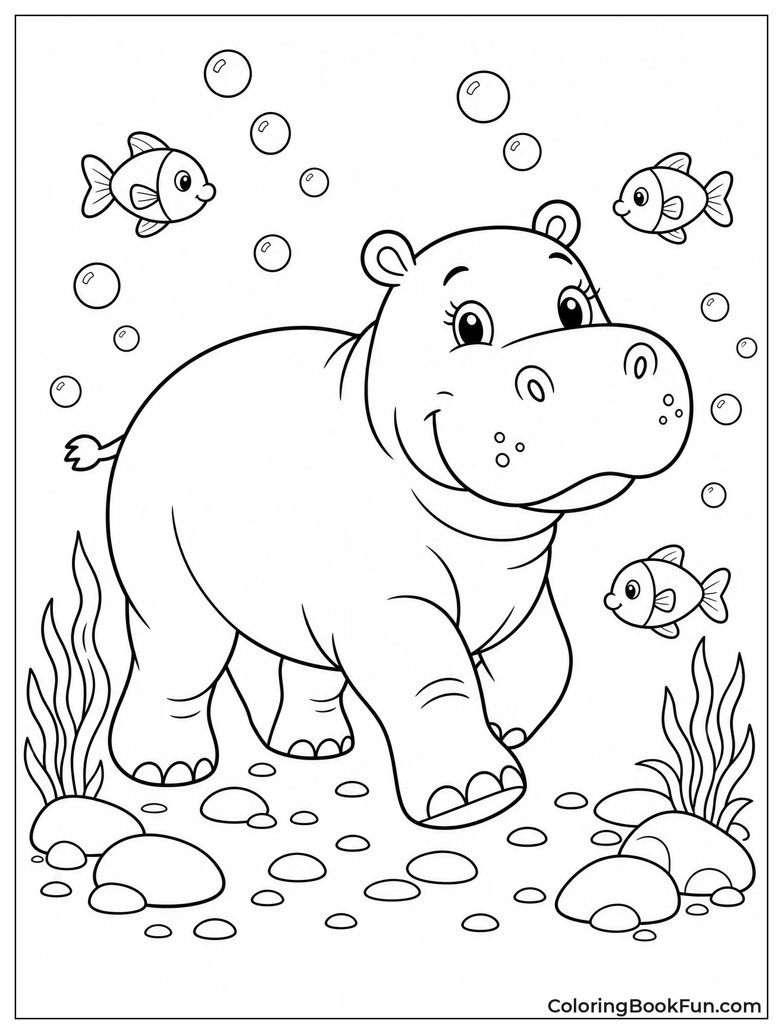 Hippo Walking Underwater with Fish