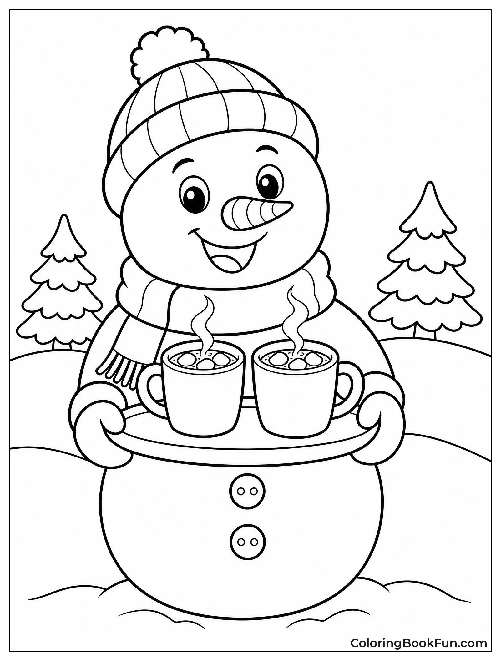 Snowman Serving Two Steaming Mugs